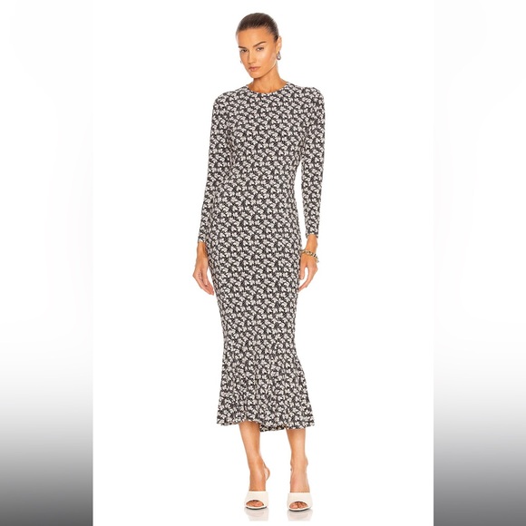 Norma Kamali Long Sleeve Crew Fishtail Dress in “Vintage Baby Leaves” Print - Picture 1 of 8